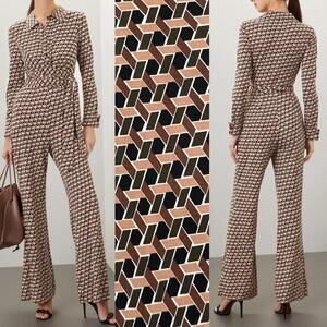 $498 Diane Von Furstenberg DVF Wrap Tie Waist Geometric Print Jumpsuit (XS)